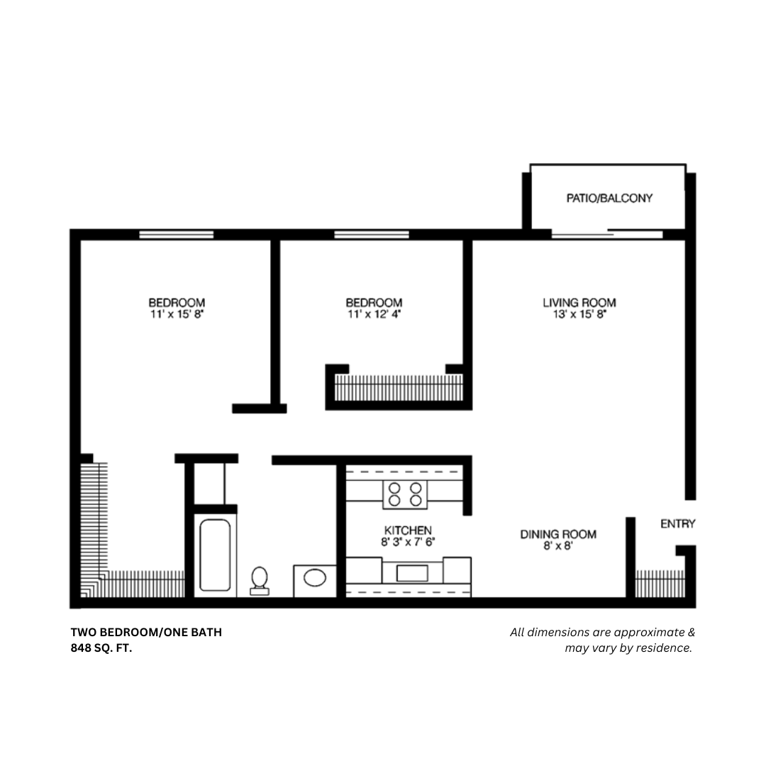2 Bed 1 Bath Floor Plan | 848 Sq. Ft. at Willow Hill Apartments, Justice, IL, 60458